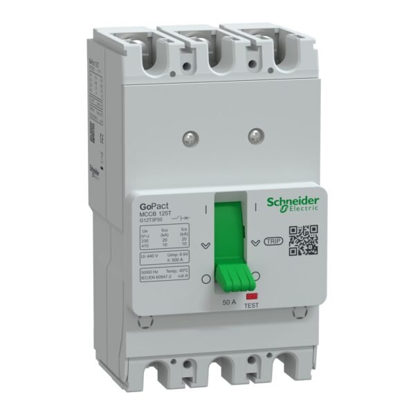 شنايدر G12T3F50 | قاطع الدائرة الكهربائية، GoPact MCCB 125، 3 أقطاب، 10 كيلو أمبير عند 415 فولت تيار متردد، تصنيف 50 أمبير، وحدة رحلة TMD، حماية حرارية ثابتة