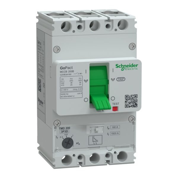 شنايدر G20B3A160 | قاطع الدائرة الكهربائية، GoPact MCCB 200، 3 أقطاب، 25 كيلو أمبير عند 415 فولت تيار متردد، تصنيف 160 أمبير، وحدة رحلة TMD، حماية حرارية قابلة للتعديل