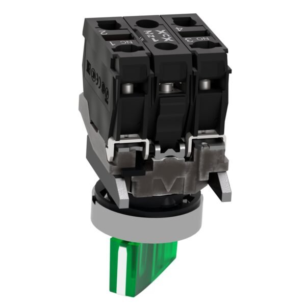 ⁦شنايدر XB4BK123B5 | مفتاح محدد مضاء، معدني، أخضر، Ø22، وضعين، ثابت، 24 فولت تيار متردد/تيار مستمر، 1 NO + 1 NC⁩ - الصورة ⁦3⁩