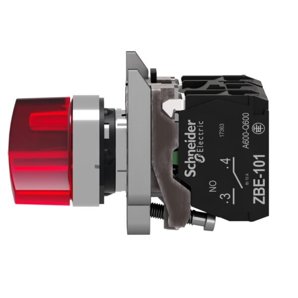 ⁦شنايدر XB4BK124M5 هارموني | مفتاح محدد مضيء، معدني، أحمر، Ø22، وضعين، ثابت، 230...240 فولت تيار متردد، 1 NO + 1 NC⁩ - الصورة ⁦3⁩