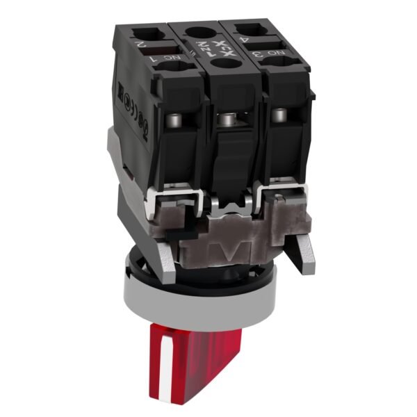 ⁦شنايدر XB4BK124M5 هارموني | مفتاح محدد مضيء، معدني، أحمر، Ø22، وضعين، ثابت، 230...240 فولت تيار متردد، 1 NO + 1 NC⁩ - الصورة ⁦4⁩