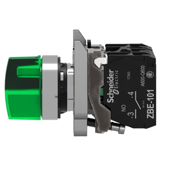 ⁦شنايدر XB4BK133M5 هارموني | مفتاح محدد مضيء، معدني، أخضر، Ø22، 3 أوضاع، ثابت، 230...240 فولت تيار متردد، 1 NO + 1 NC⁩ - الصورة ⁦7⁩