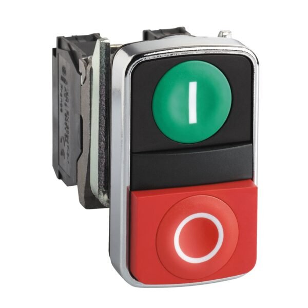 شنايدر XB4BL73415 | زر ضغط مزدوج الرأس، معدني، Ø22، 1 أخضر متدرج يحمل علامة I + 1 بارز أحمر يحمل علامة O، 1 NO + 1 NC