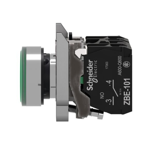 ⁦شنايدر XB4BW33M5 | زر ضغط مضيء، معدني، متساطح، أخضر، Ø22، إرجاع زنبركي، 230...240 فولت تيار متردد، 1 NO + 1 NC⁩ - الصورة ⁦2⁩
