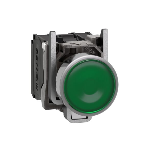 شنايدر XB4BW33M5 | زر ضغط مضيء، معدني، متساطح، أخضر، Ø22، إرجاع زنبركي، 230...240 فولت تيار متردد، 1 NO + 1 NC