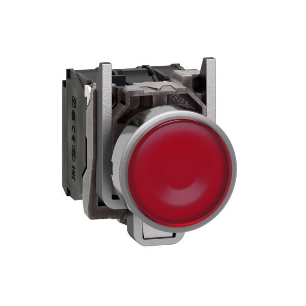 شنايدر XB4BW34B5 | زر ضغط مضيء، معدني، متساطح، أحمر، Ø22، إرجاع زنبركي، 1 NO + 1 NC 24 V AC/DC
