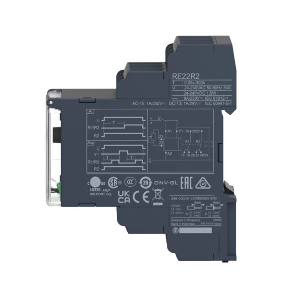 ⁦Schneider RE22R2AMR | Dual function relay, Harmony Timer Relays, 8A, 2CO, 0.05s…300h, power on delay, 24...240V AC DC⁩ - الصورة ⁦2⁩