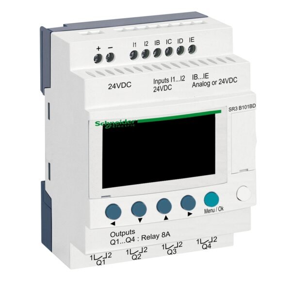 شنايدر SR3B101BD | مرحل ذكي معياري Zelio Logic - 10 مدخلات ومخرجات - 24 فولت تيار مستمر - ساعة - شاشة عرض