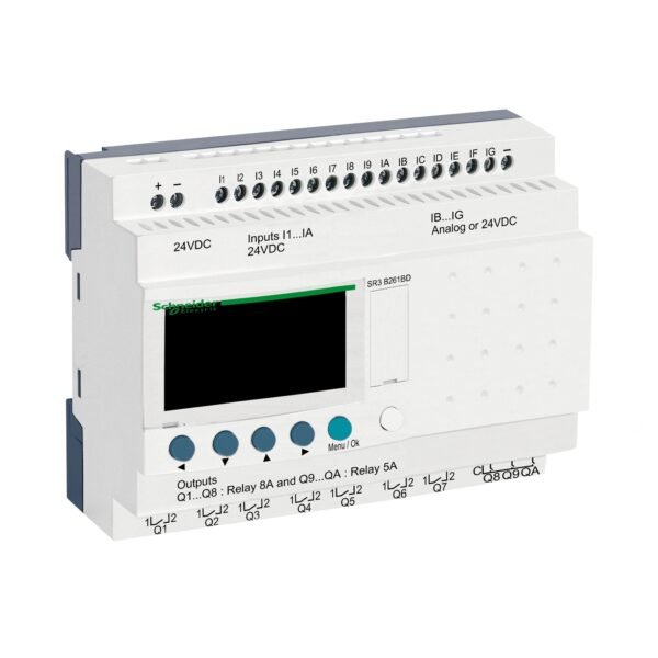 شنايدر SR3B261BD | مرحل ذكي معياري Zelio Logic - 26 إدخال/إخراج - 24 فولت تيار مستمر - ساعة - شاشة عرض